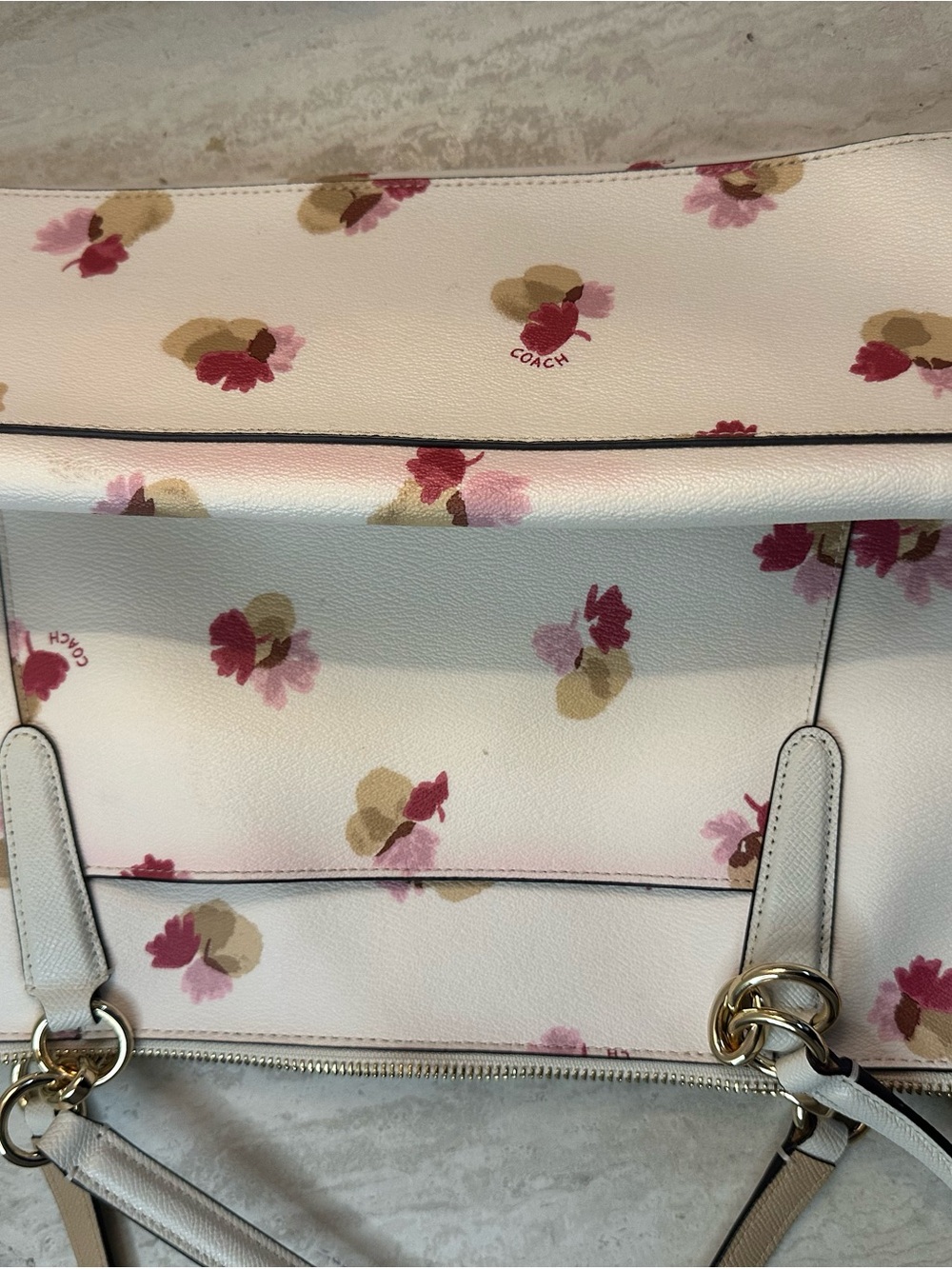 Coach White Floral Print Leather Tote with Pink and Tan Accents - Picture 11 of 12
